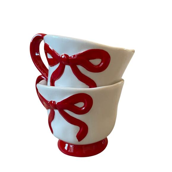 Hand Painted RED BOW Mug Set of 2 Christmas Holiday Glam New - Picture 8 of 16